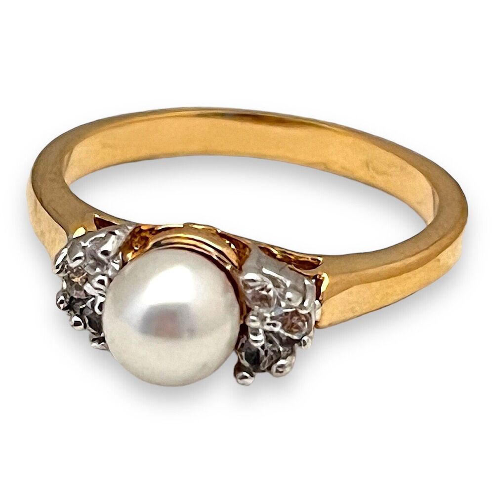 Vintage 1970s Ring Size 6 Simulated Pearl CZ Three Stone Gold Plated - 14M - Picture 9 of 15